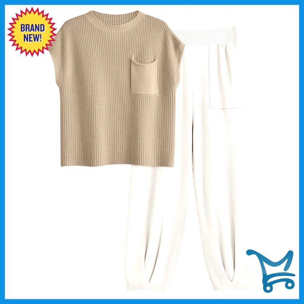 Cotton Knit Sweatsuit Set Lounge Wear Tapered Pull-On Pants Crew Neck Top
